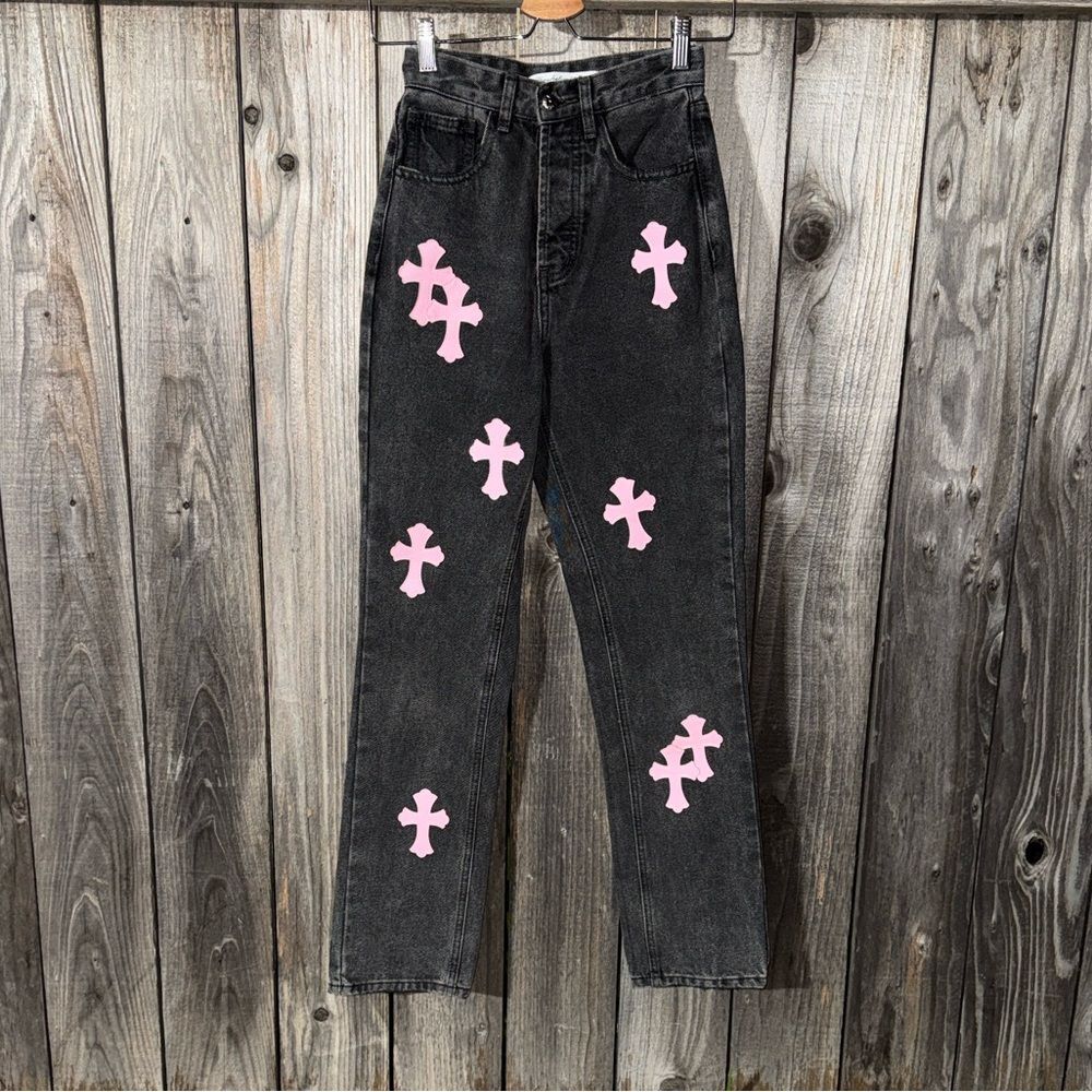 Pink cross-adorned hardware Black Jeans Size XS